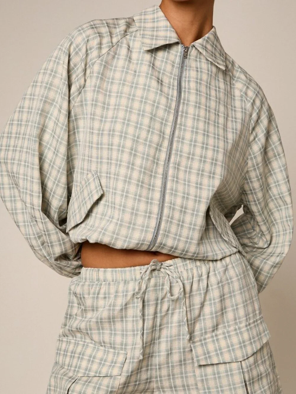 Multicolor Casual Women's Plaid Collar Full Zip Balloon Sleeves Bomber Jacket